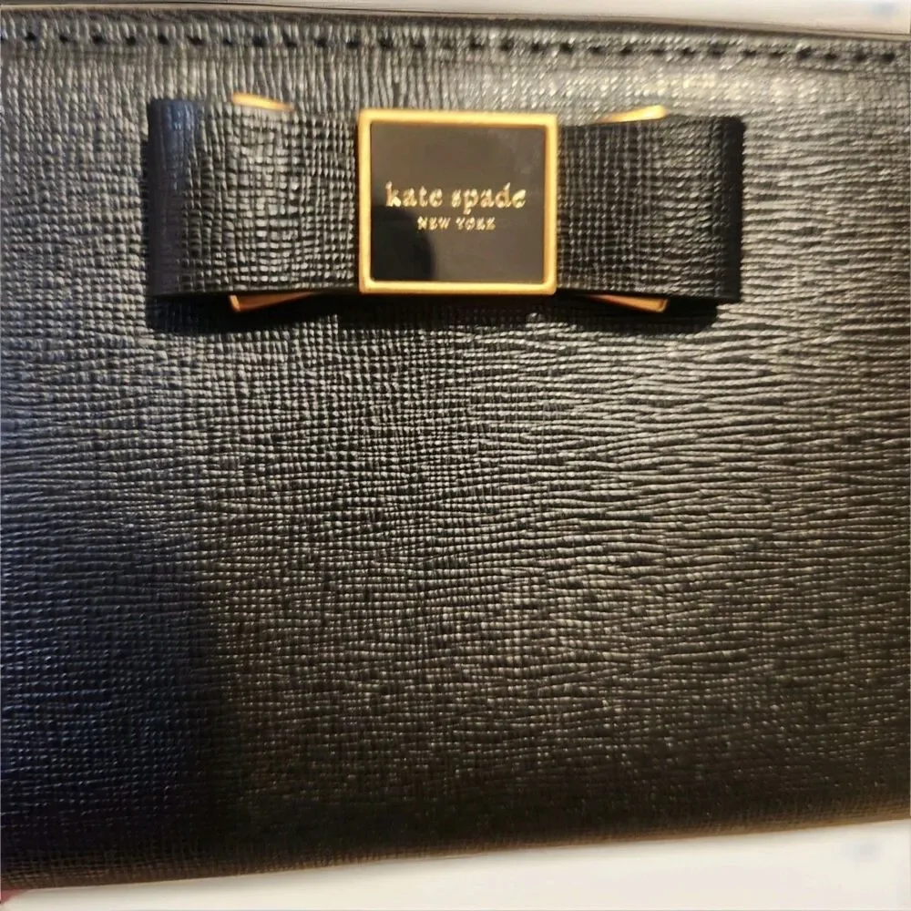 Kate Spade Morgan Bow Embellished Zip-Around Black Leather Continental Wallet